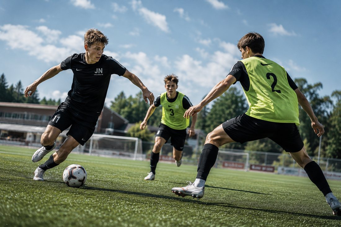 Spelare i JN-tröjor under dagträning, 1 mot 1 med boll på grön plan