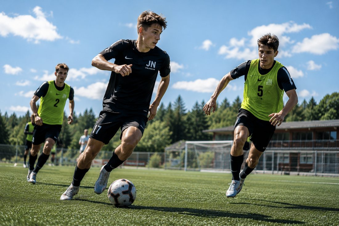 Spelare i JN-tröjor och västar i löpduell under dagträning