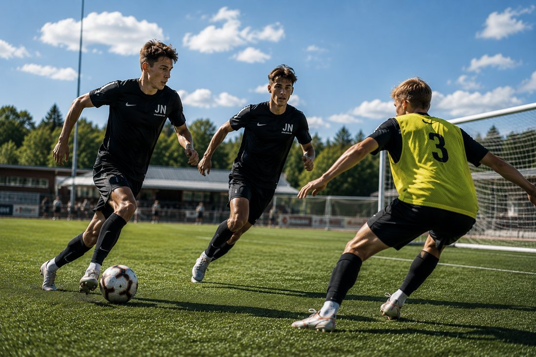 Spelare i JN-tröjor under dagträning på plan