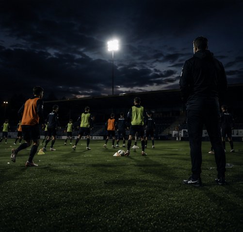 Spelare i västar under praktiskt träningsmoment i kvällsljus