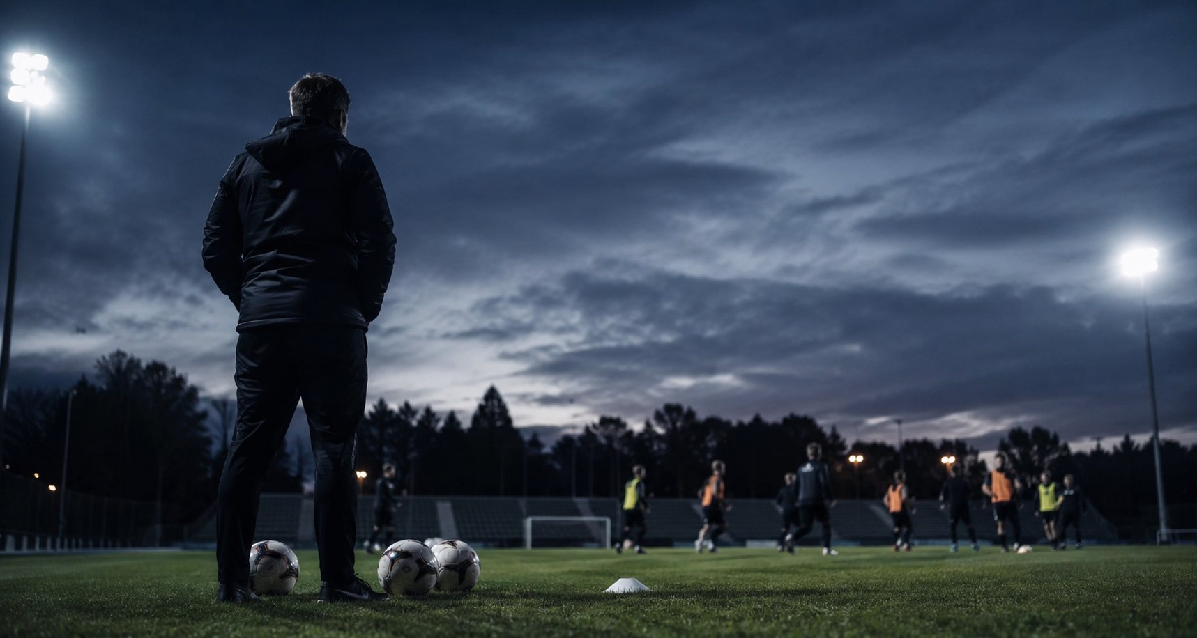 Fotbollstränare leder ett kvällspass i mörkblått ljus med gröna gräsytor och strålkastare