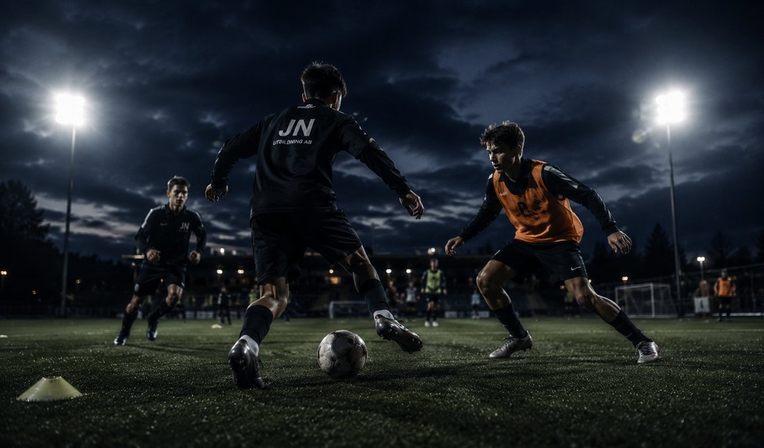 Närkamp 1 mot 1 i kvällsljus med koner och boll på planen